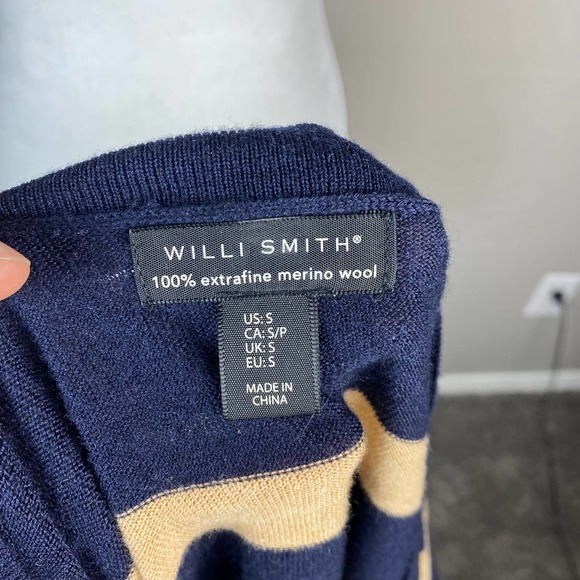 Willi Smith Merino Wool Navy Tan Striped Sweater Size Small - Picture 7 of 9